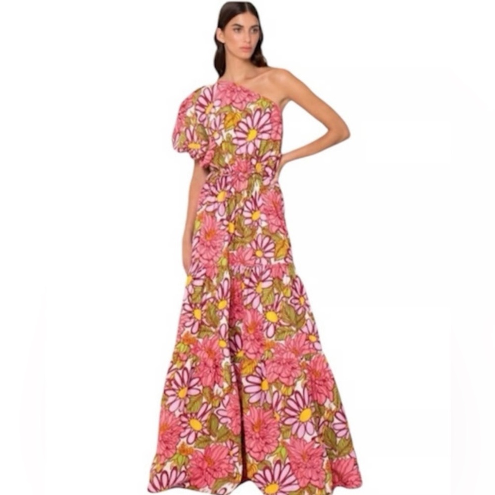 Anthropologie x S/W/F Pink Floral One-Shoulder Puff Sleeve Maxi Dress Size M